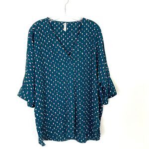 MTS Women's V-Neck Tunic Top Size L Green Pullover Short Sleeve Business Office